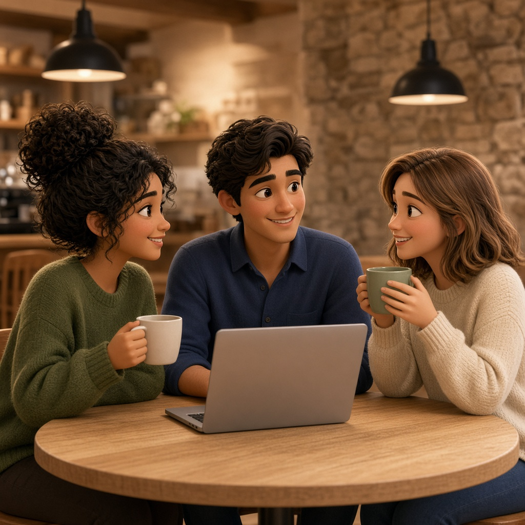 Three people at a cafe table with coffee and a laptop, like an office happy hour.