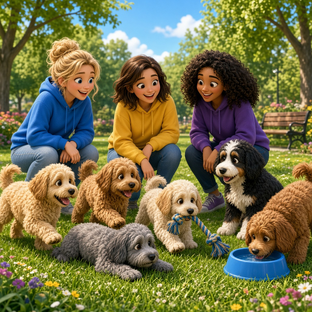 Dog moms and doodles gathering on the grass at a park.
