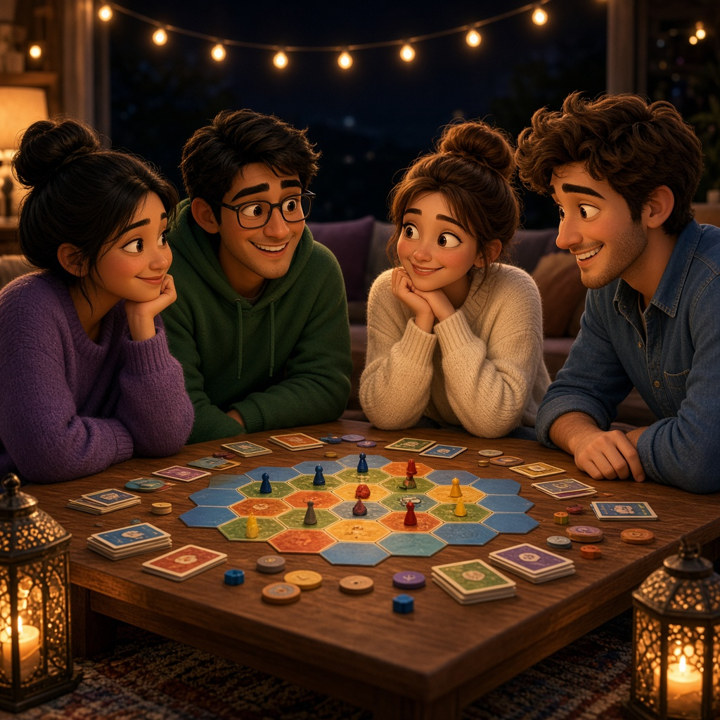 Four people around a board game on a cozy game night.