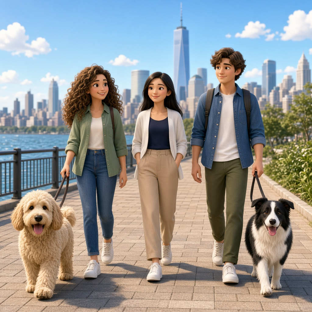 Three people walking together on a waterfront path.
