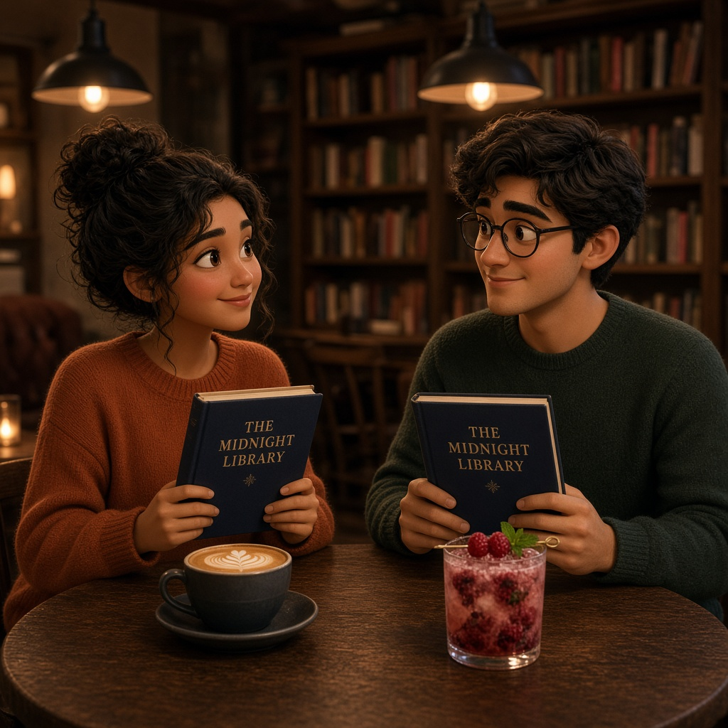 Two people at a cafe holding the same book, with coffee and a mocktail.